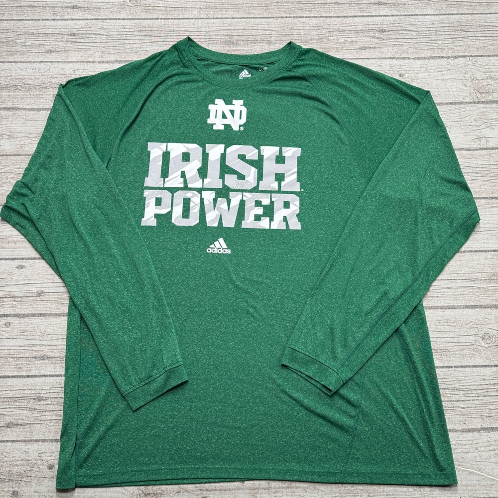 Adidas Notre Dame Shirt Mens 2XL Green Climalite Irish Power Long Sleeve Varsity